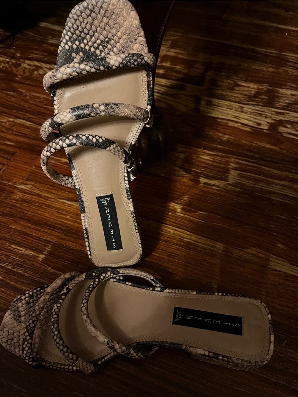 Steve Madden Snake-Print Triple Strap Slide Sandals in Beige
